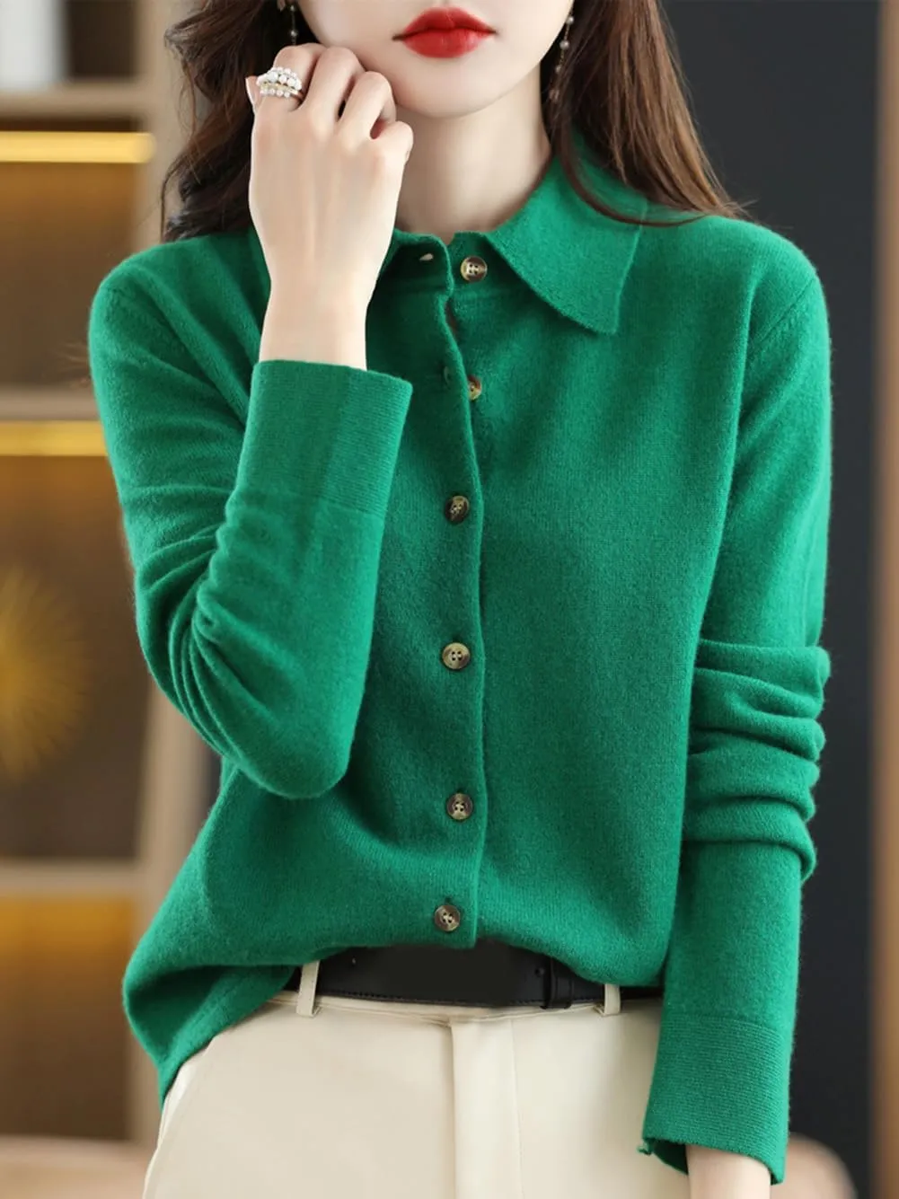 100% Merino Wool Sweaters Women's Fall Winter Warm Soft Knitted Shirt Lapel Polo Collar Cardigan Long Sleeves