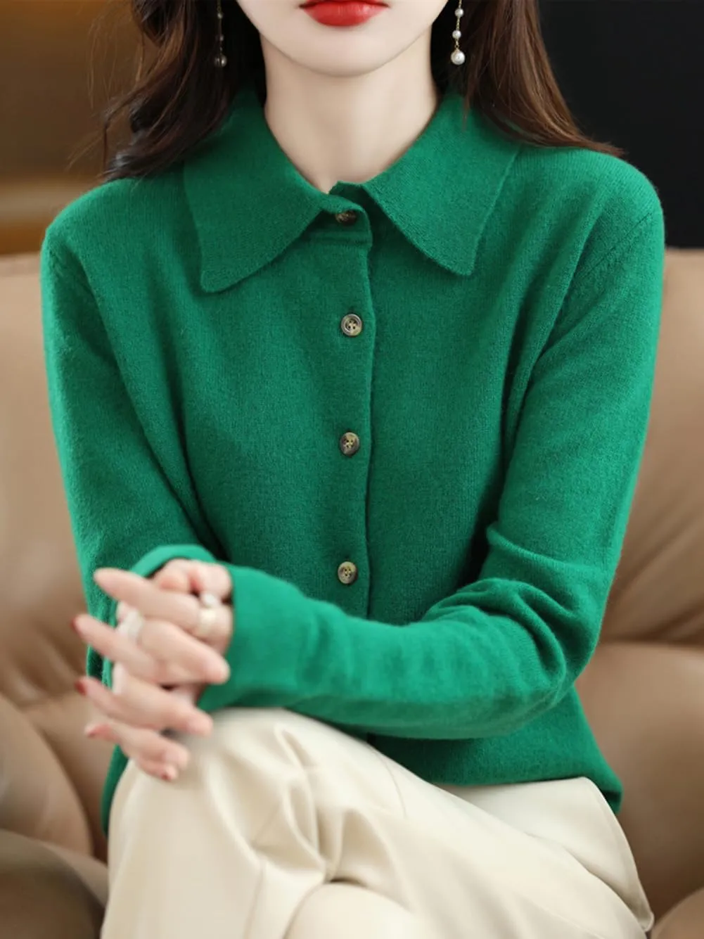 100% Merino Wool Sweaters Women's Fall Winter Warm Soft Knitted Shirt Lapel Polo Collar Cardigan Long Sleeves