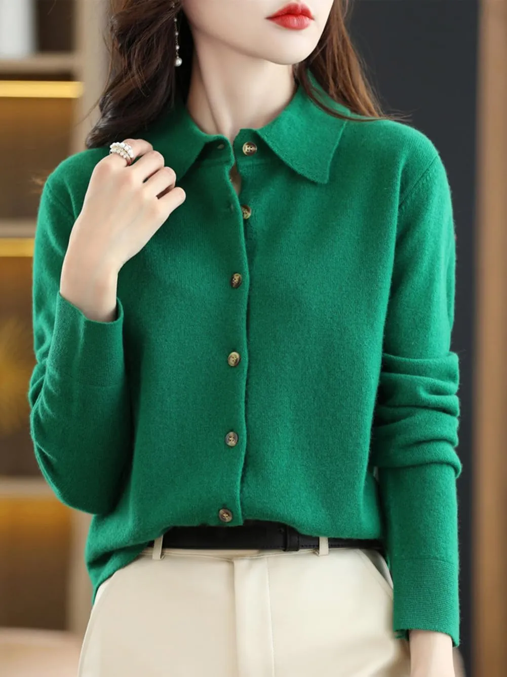 100% Merino Wool Sweaters Women's Fall Winter Warm Soft Knitted Shirt Lapel Polo Collar Cardigan Long Sleeves