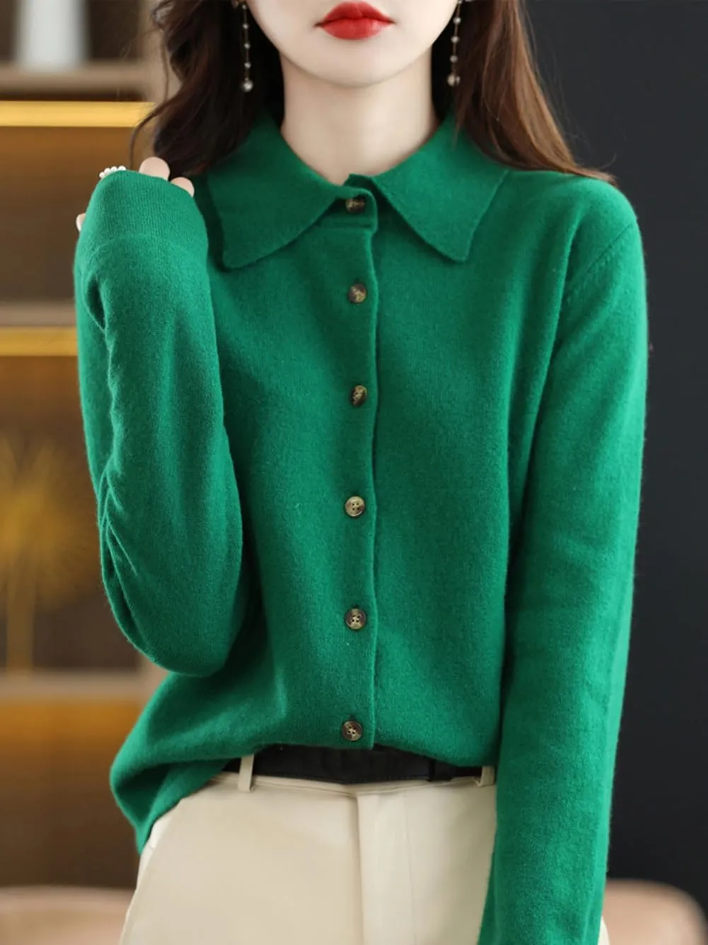 100% Merino Wool Sweaters Women's Fall Winter Warm Soft Knitted Shirt Lapel Polo Collar Cardigan Long Sleeves