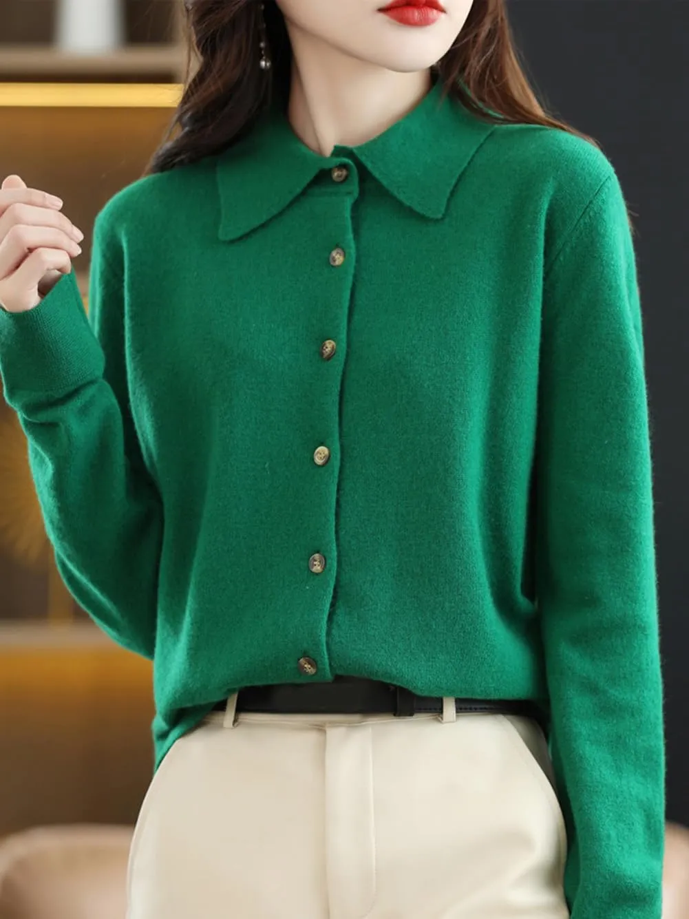 100% Merino Wool Sweaters Women's Fall Winter Warm Soft Knitted Shirt Lapel Polo Collar Cardigan Long Sleeves