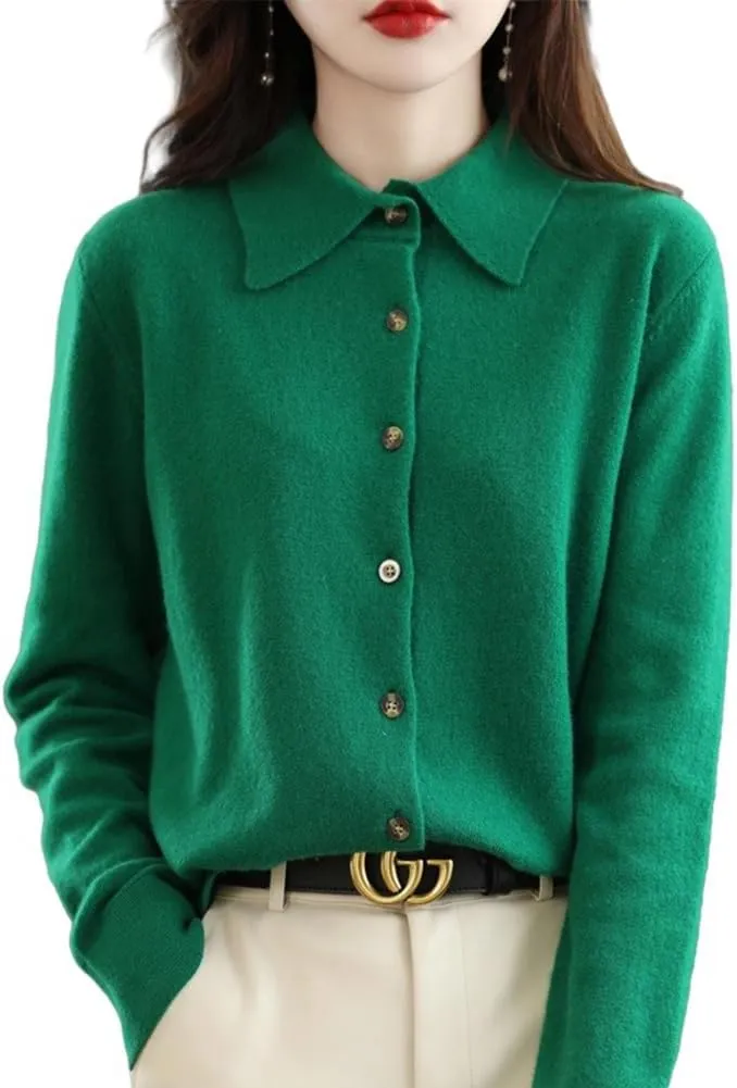 100% Merino Wool Sweaters Women's Fall Winter Warm Soft Knitted Shirt Lapel Polo Collar Cardigan Long Sleeves
