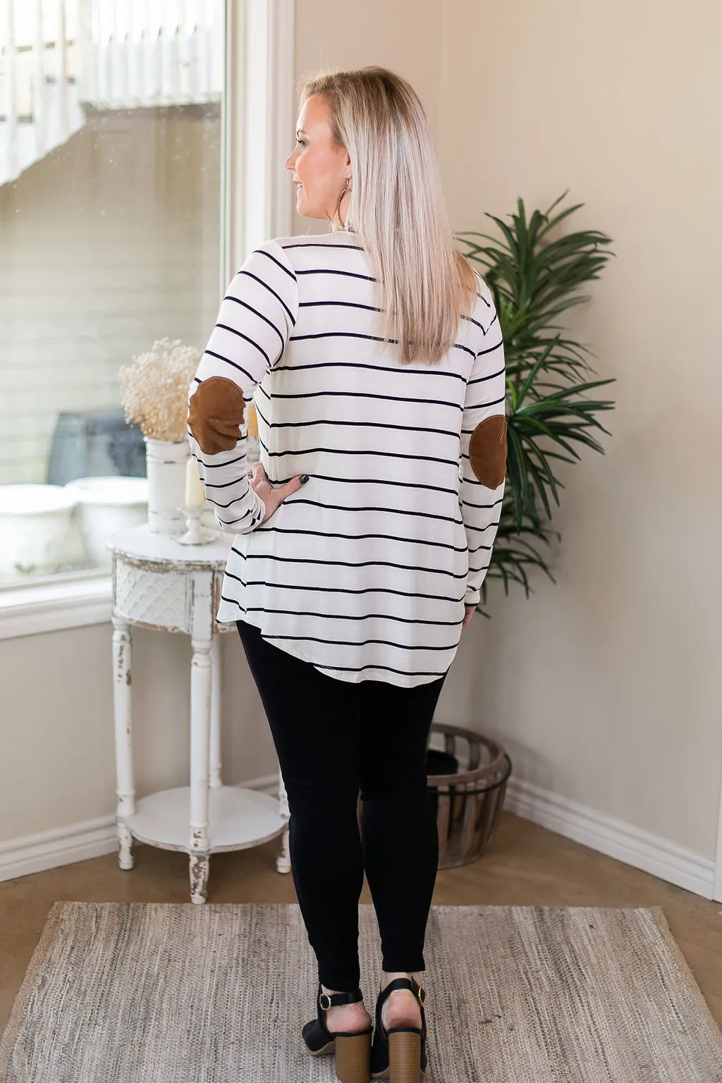 A New Day Long Sleeve Striped Top with Suede Elbow Patches in Ivory