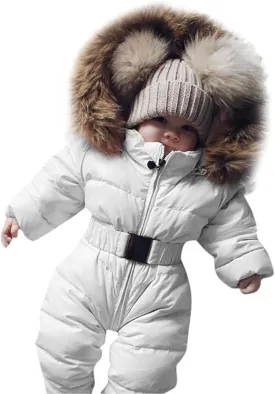 AKIWOS Newborn Infant Toddler Snowsuit 0-24 M Winter Onesie Puffer Down Jacket Padded Romper Fur Hooded Jumpsuit Warm Coat