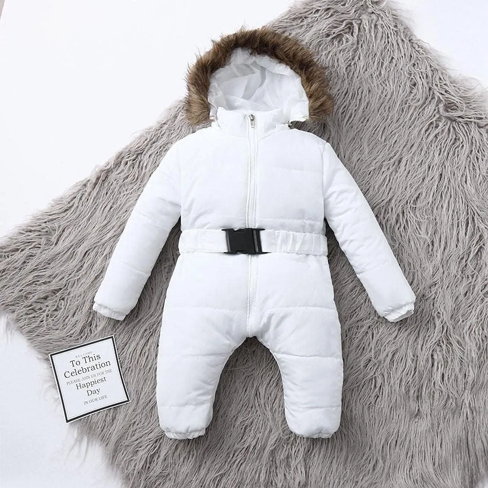 AKIWOS Newborn Infant Toddler Snowsuit 0-24 M Winter Onesie Puffer Down Jacket Padded Romper Fur Hooded Jumpsuit Warm Coat