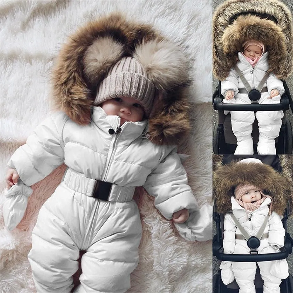 AKIWOS Newborn Infant Toddler Snowsuit 0-24 M Winter Onesie Puffer Down Jacket Padded Romper Fur Hooded Jumpsuit Warm Coat