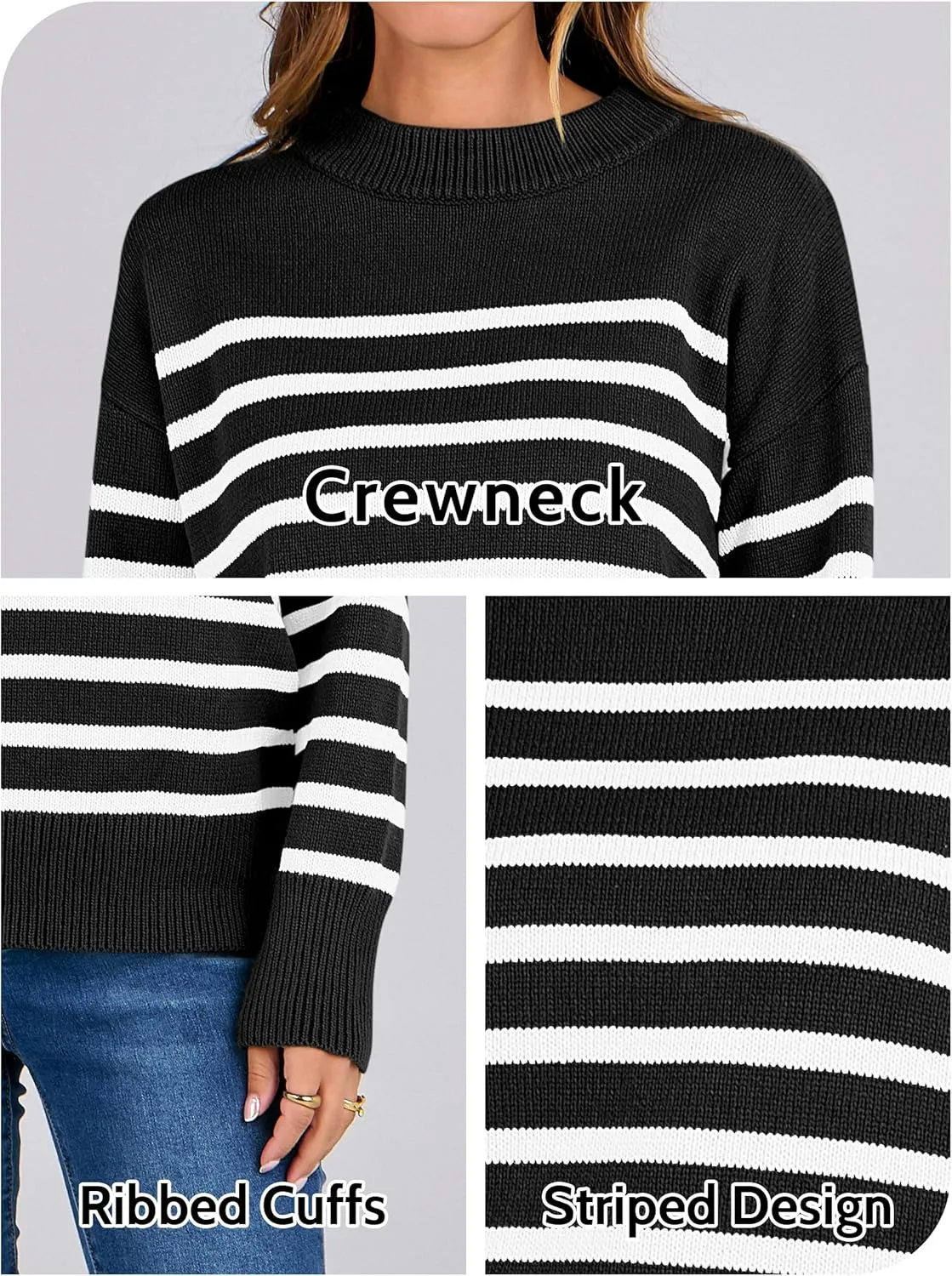 ANRABESS Women Fall Fashion Sweaters Striped Long Sleeve Crewneck Loose Fit Cozy Knit Trendy Pullover Sweater Tops