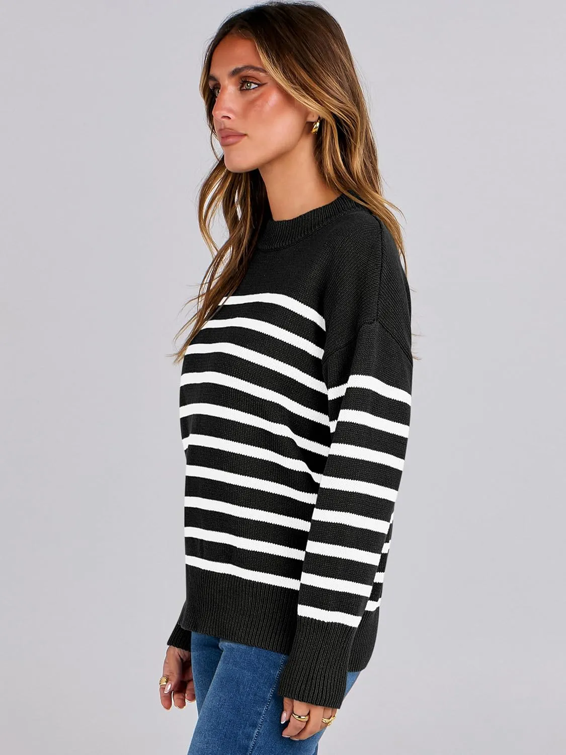 ANRABESS Women Fall Fashion Sweaters Striped Long Sleeve Crewneck Loose Fit Cozy Knit Trendy Pullover Sweater Tops