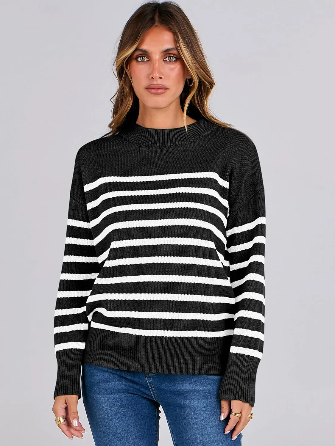 ANRABESS Women Fall Fashion Sweaters Striped Long Sleeve Crewneck Loose Fit Cozy Knit Trendy Pullover Sweater Tops