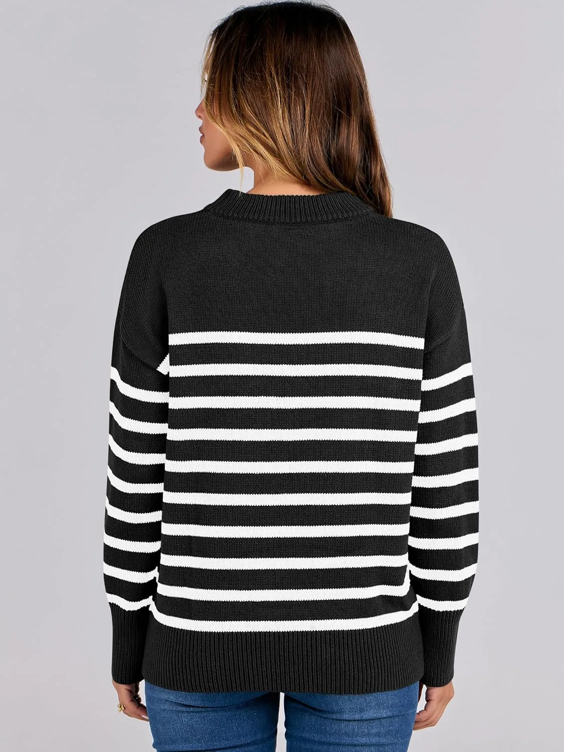 ANRABESS Women Fall Fashion Sweaters Striped Long Sleeve Crewneck Loose Fit Cozy Knit Trendy Pullover Sweater Tops