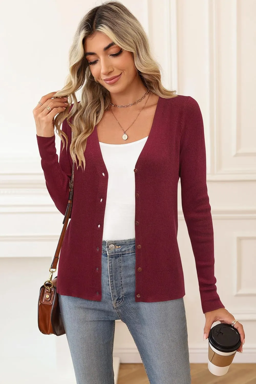 Arach&Cloz Womens Wool Blended Ribbed Cardigan Lightweight Long Sleeve Sweater 2025 Spring Fashion Button Down Knit Top