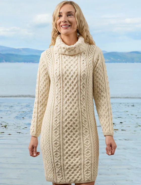 Aran Cable Knit Cowl Neck Sweater Dress