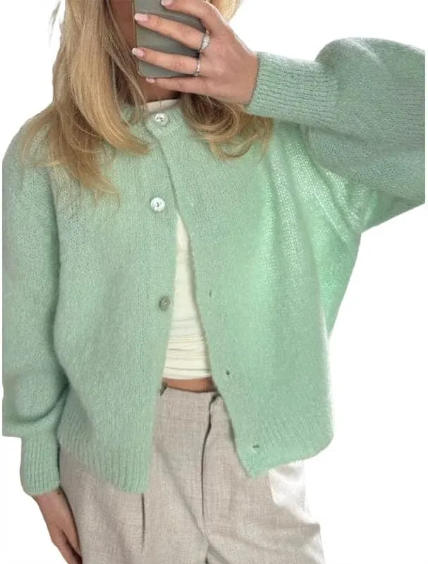 Argeousgor Women Y2k Crop Cardigan Sweater Knit Solid Color Crew Neck Button Down Long Sleeve Tops Fall Knitwear Streetwear