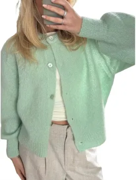 Argeousgor Women Y2k Crop Cardigan Sweater Knit Solid Color Crew Neck Button Down Long Sleeve Tops Fall Knitwear Streetwear