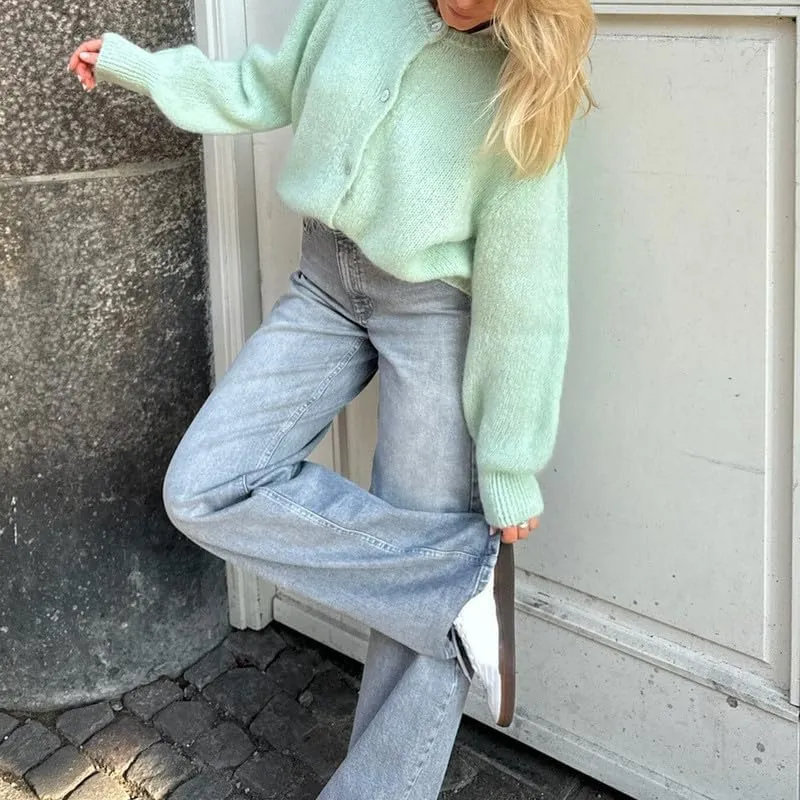 Argeousgor Women Y2k Crop Cardigan Sweater Knit Solid Color Crew Neck Button Down Long Sleeve Tops Fall Knitwear Streetwear