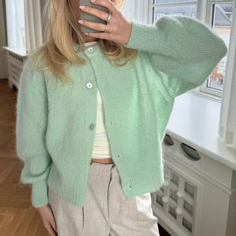 Argeousgor Women Y2k Crop Cardigan Sweater Knit Solid Color Crew Neck Button Down Long Sleeve Tops Fall Knitwear Streetwear