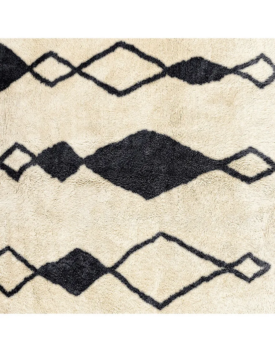 Authentic Moroccan Wool White Cream and Black Beni Mrirt Rug