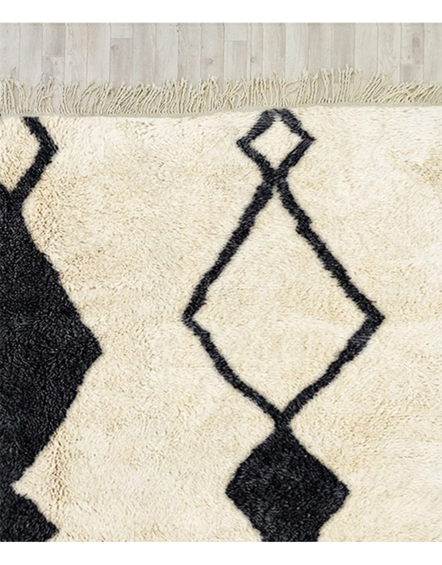 Authentic Moroccan Wool White Cream and Black Beni Mrirt Rug
