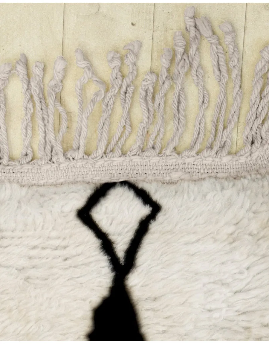 Authentic Moroccan Wool White Cream and Black Beni Mrirt Rug
