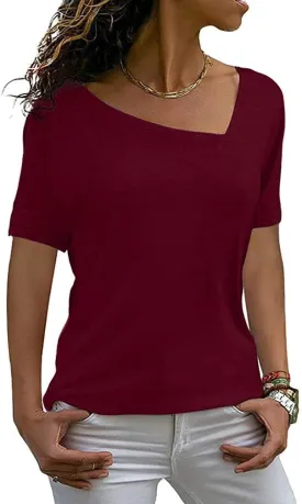 AYIFU Womens Summer Tops Short Sleeve Casual Shirts Asymmetric Neck Color Block Tunic