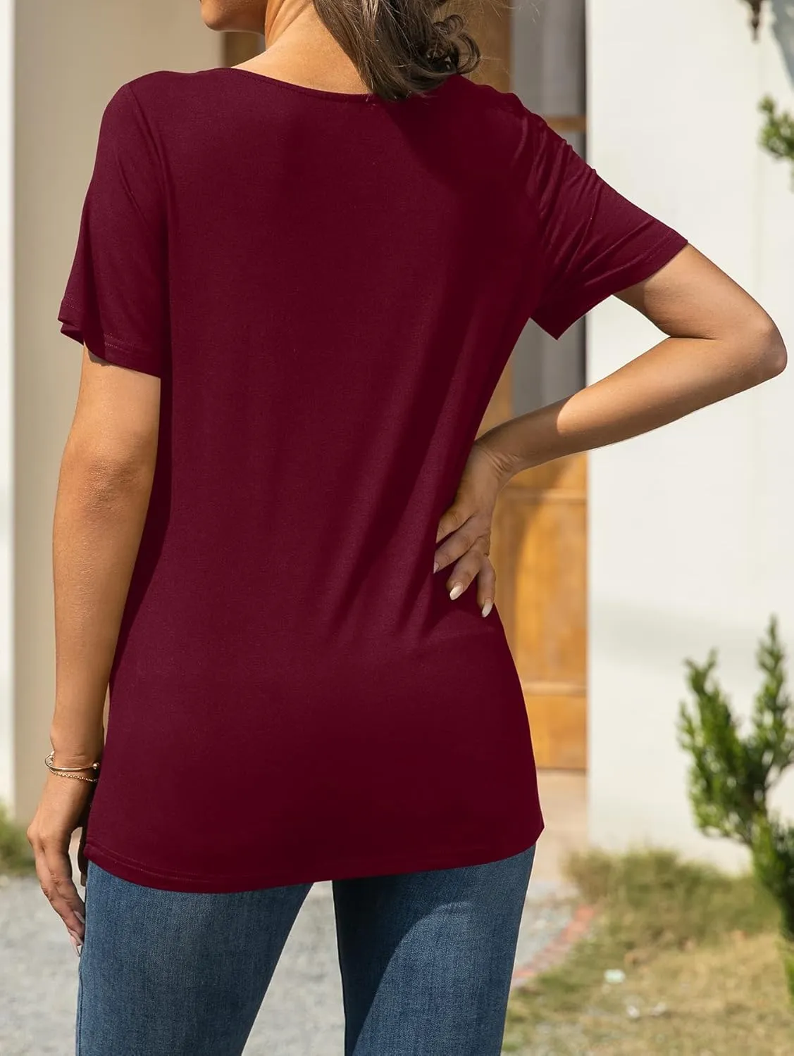 AYIFU Womens Summer Tops Short Sleeve Casual Shirts Asymmetric Neck Color Block Tunic