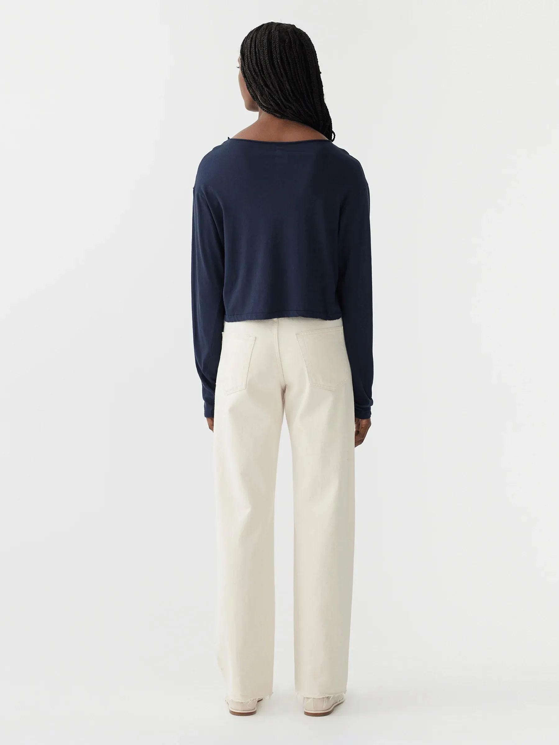 Bassike Raw Neck Boxy Long Sleeve T.shirt - Blue Ink