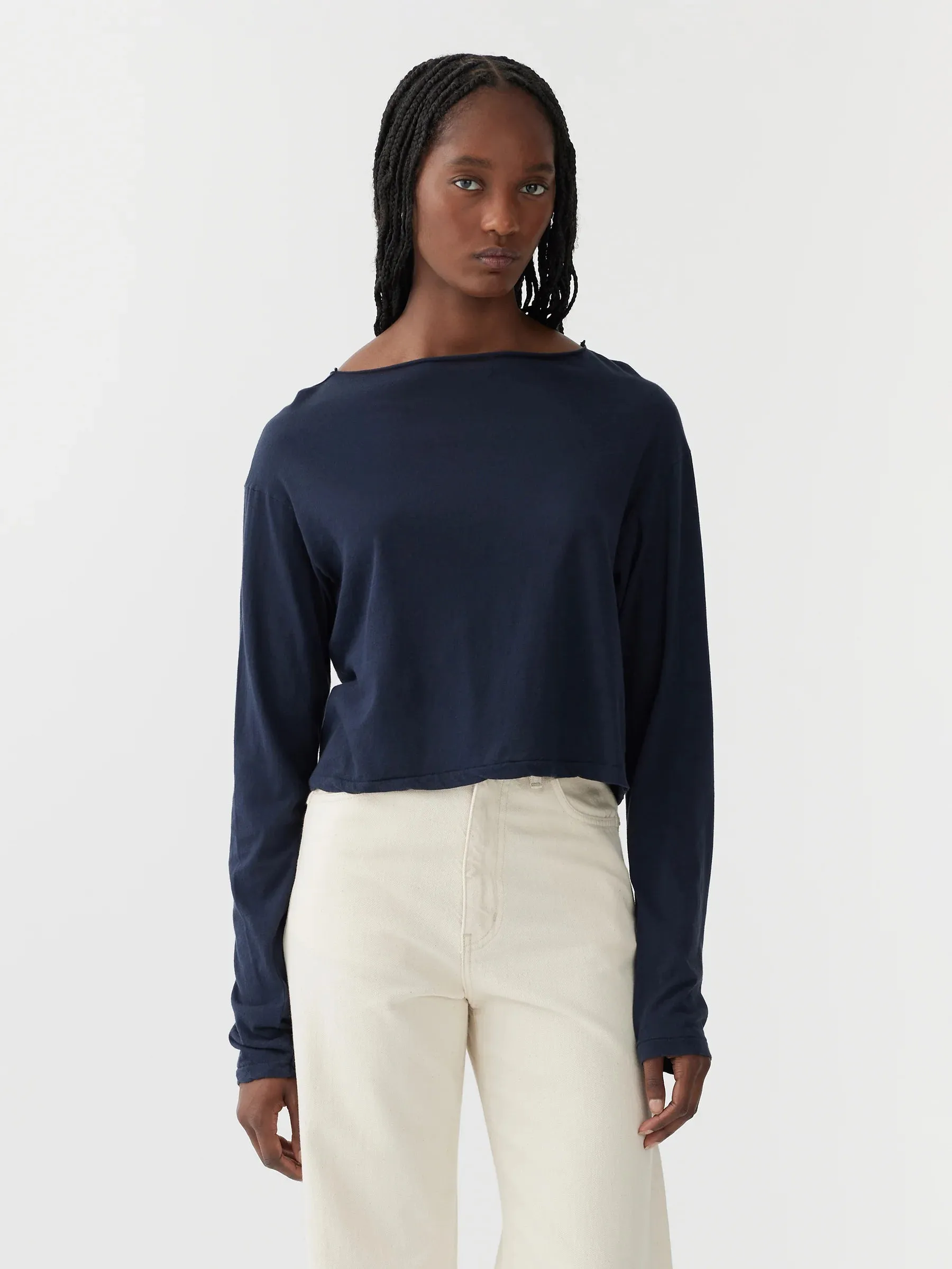 Bassike Raw Neck Boxy Long Sleeve T.shirt - Blue Ink