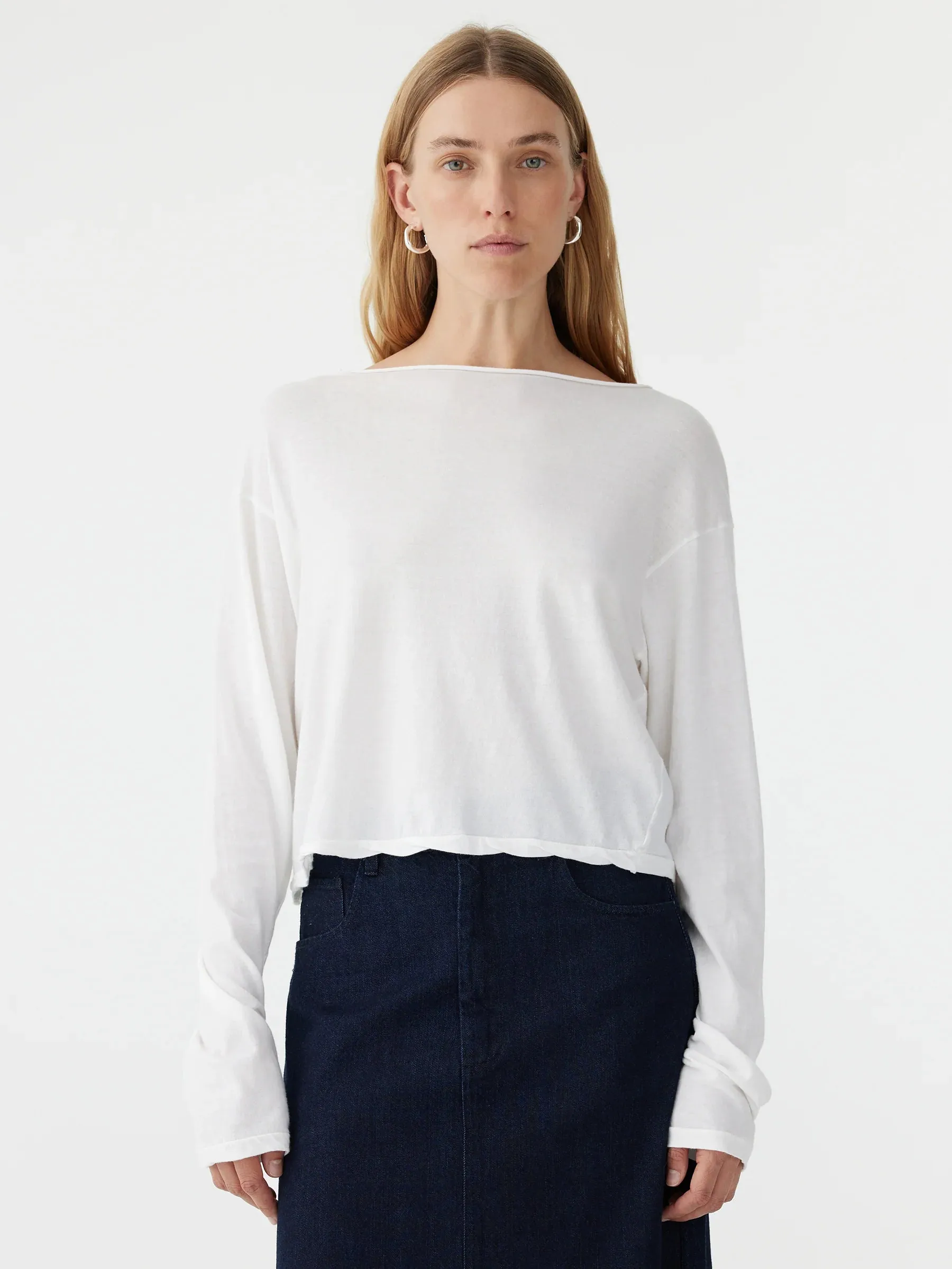 Bassike Raw Neck Boxy Long Sleeve T.shirt - White