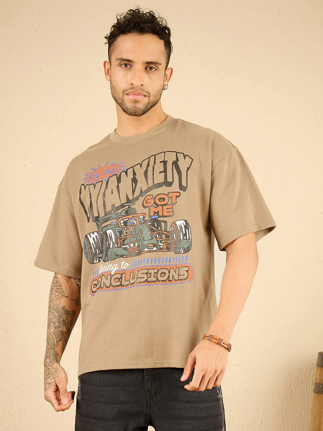 Beige Racing Graphic Oversized Tshirt