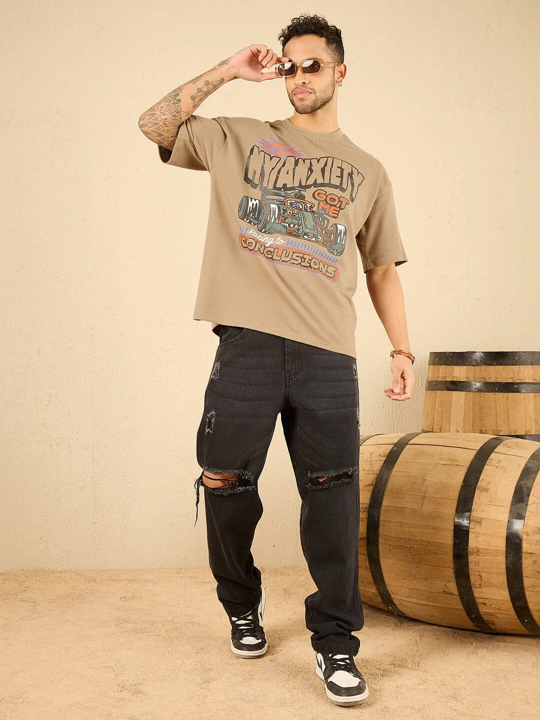 Beige Racing Graphic Oversized Tshirt