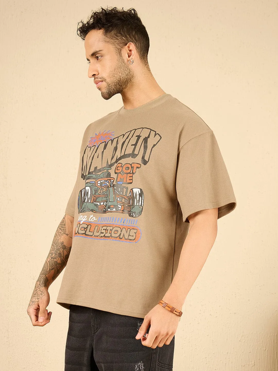 Beige Racing Graphic Oversized Tshirt