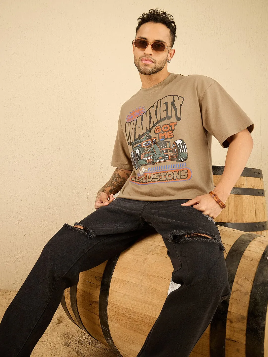 Beige Racing Graphic Oversized Tshirt