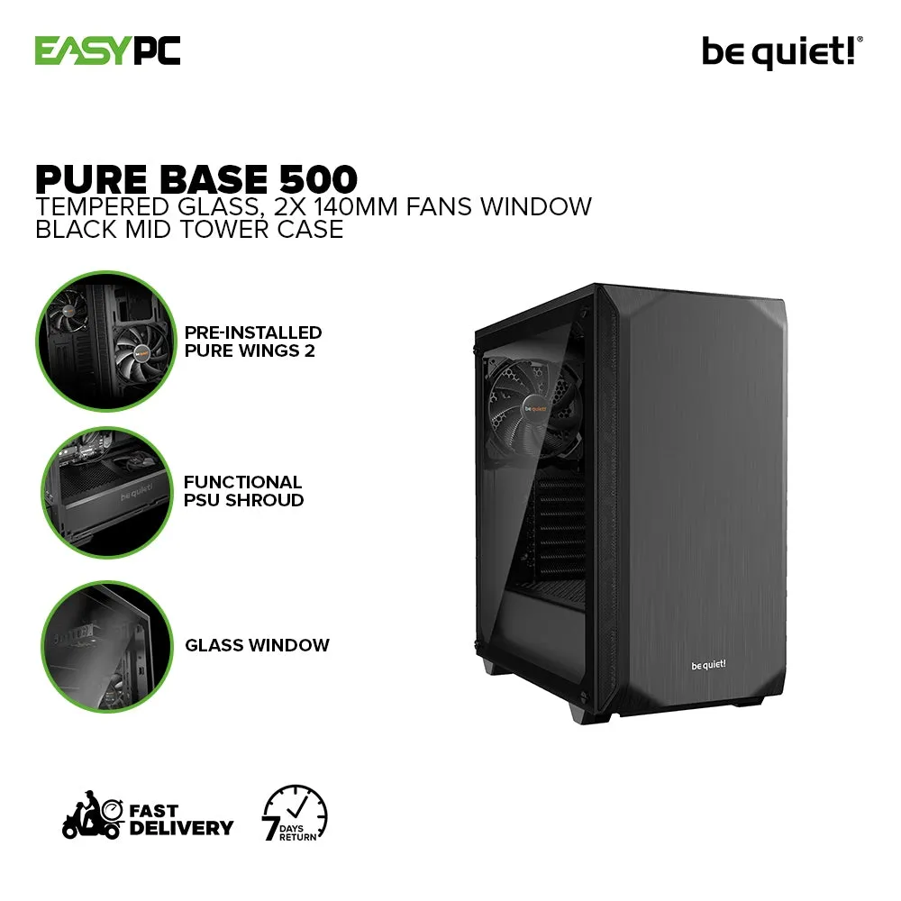 BeQuiet Pure Base 500 Tempered Glass, 2x 140mm Fans Window Black, White & Metallic Gray, Two Preinstalled Pure Wings 2 140mm fans Mid-Tower Case 4JTP