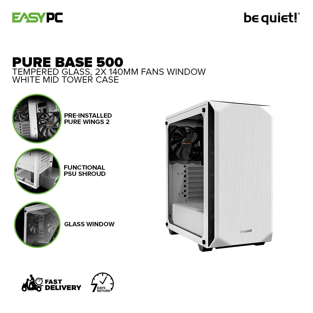 BeQuiet Pure Base 500 Tempered Glass, 2x 140mm Fans Window Black, White & Metallic Gray, Two Preinstalled Pure Wings 2 140mm fans Mid-Tower Case 4JTP
