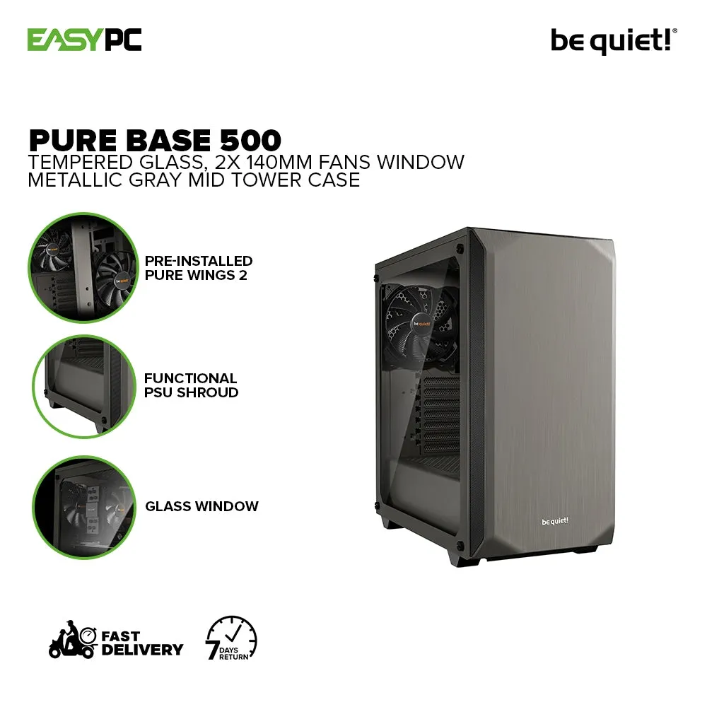 BeQuiet Pure Base 500 Tempered Glass, 2x 140mm Fans Window Black, White & Metallic Gray, Two Preinstalled Pure Wings 2 140mm fans Mid-Tower Case 4JTP