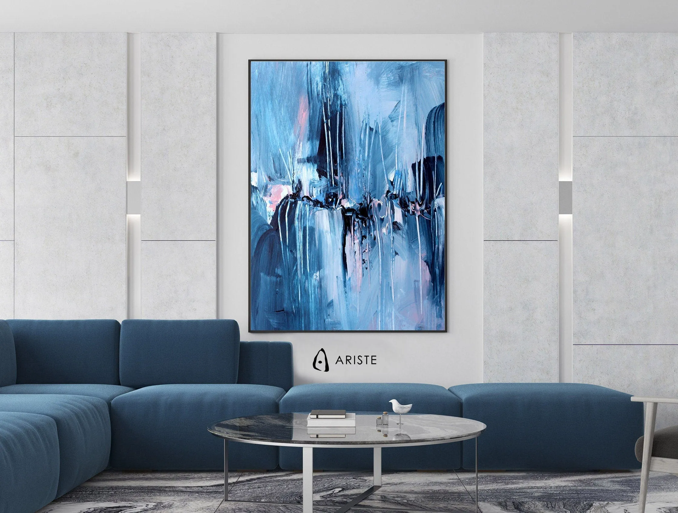 Blue & pink abstract oversize wall art made to order in a custom size