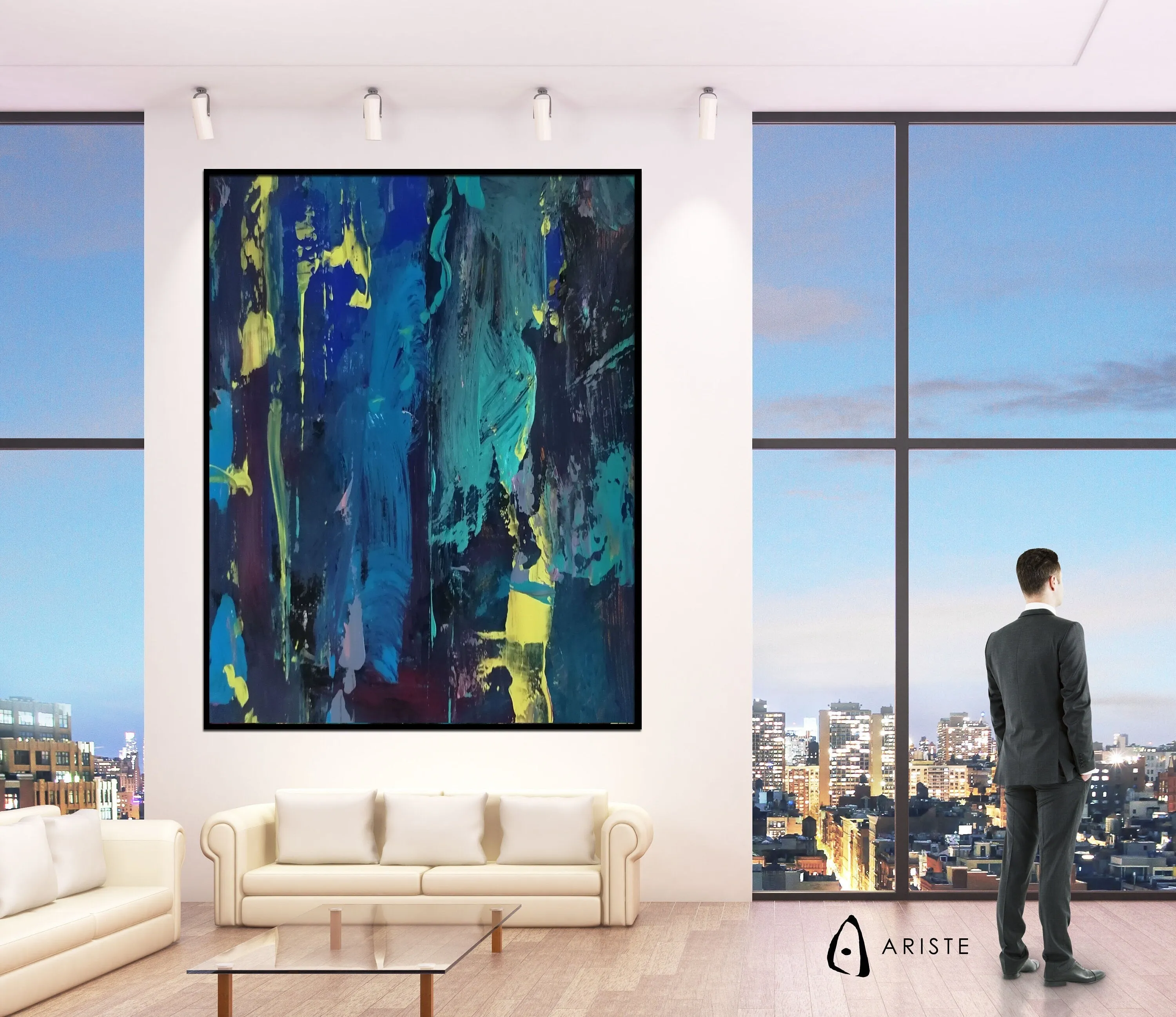 Blue & yellow large abstract paintings made to order in a custom size