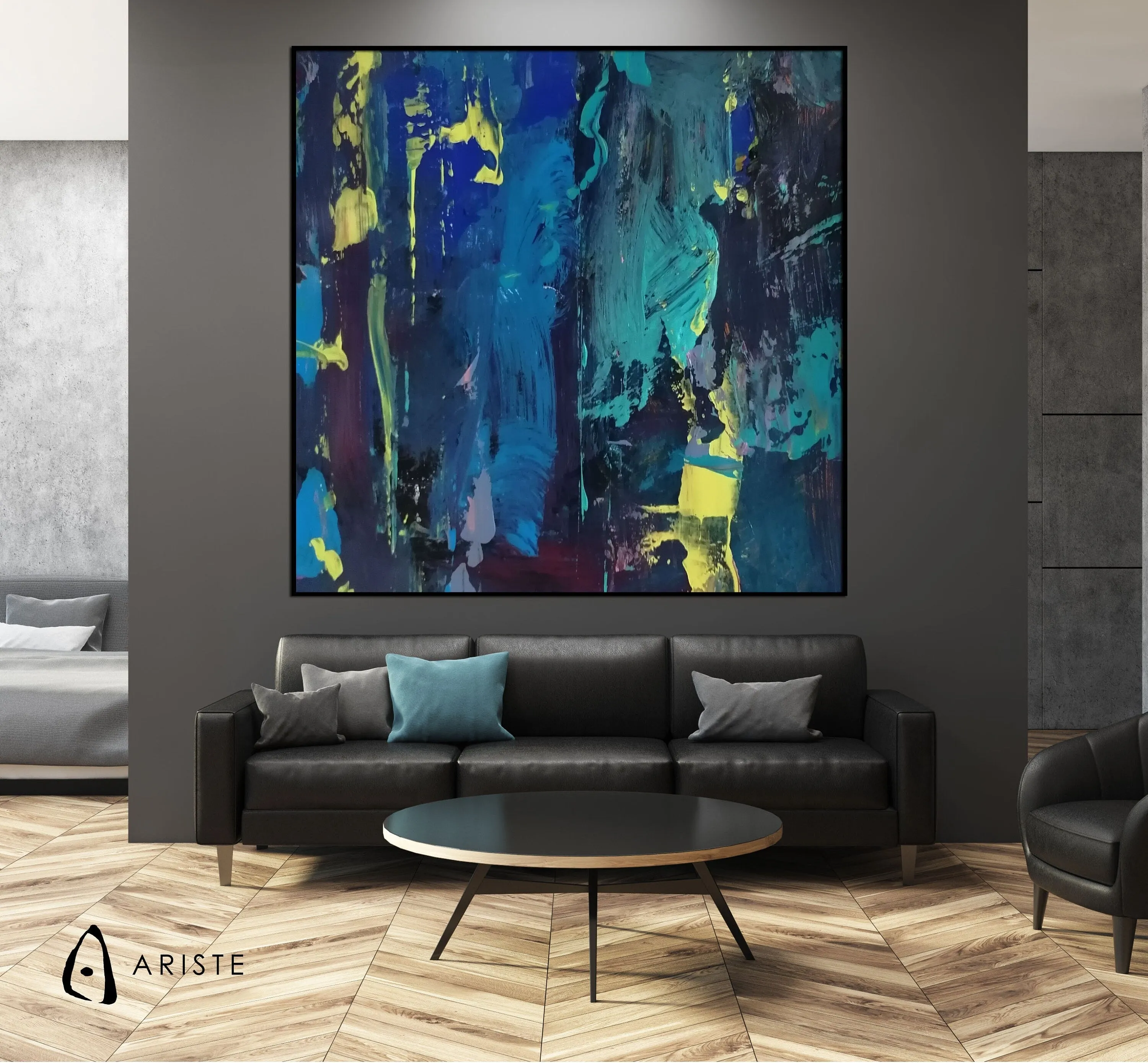 Blue & yellow large abstract paintings made to order in a custom size