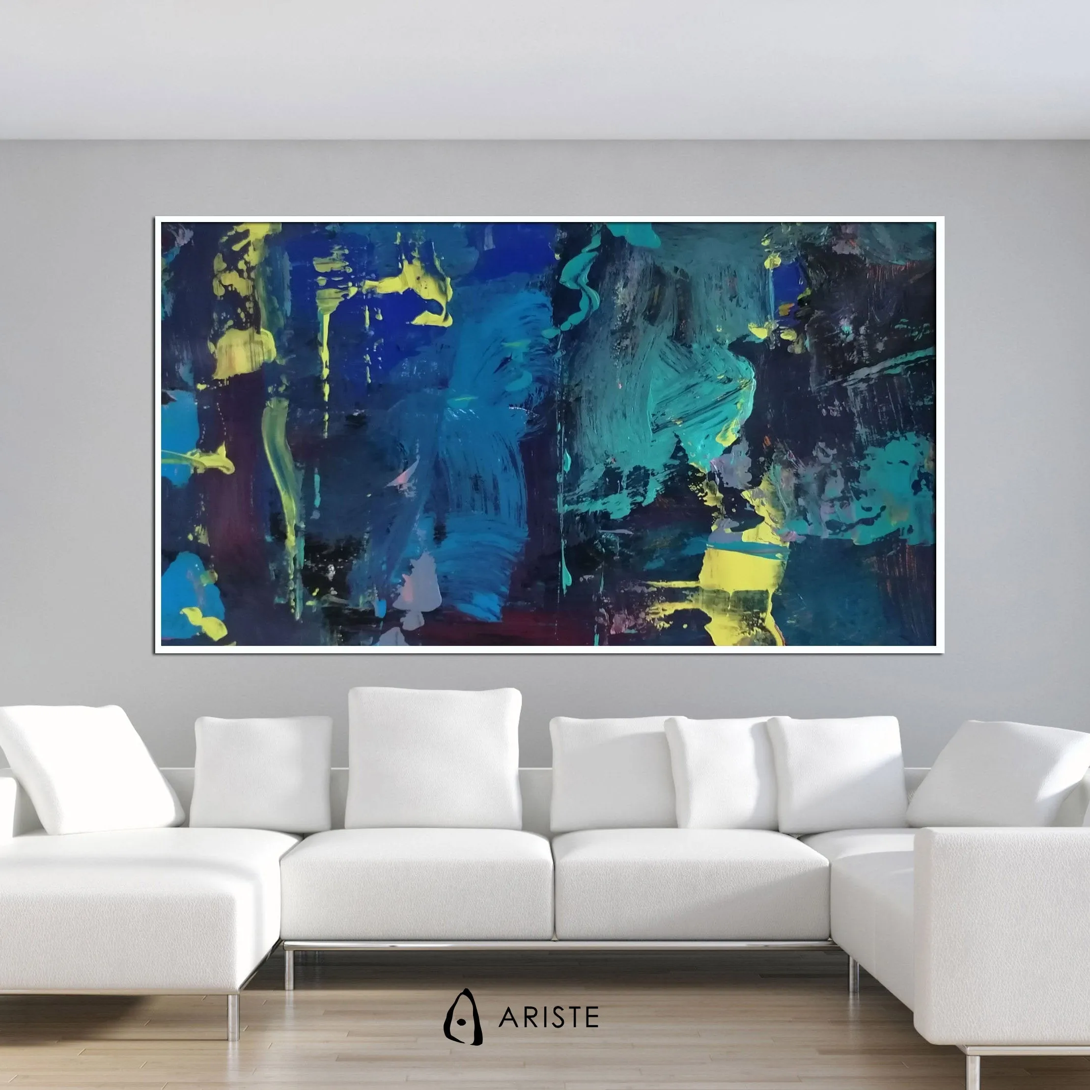 Blue & yellow large abstract paintings made to order in a custom size
