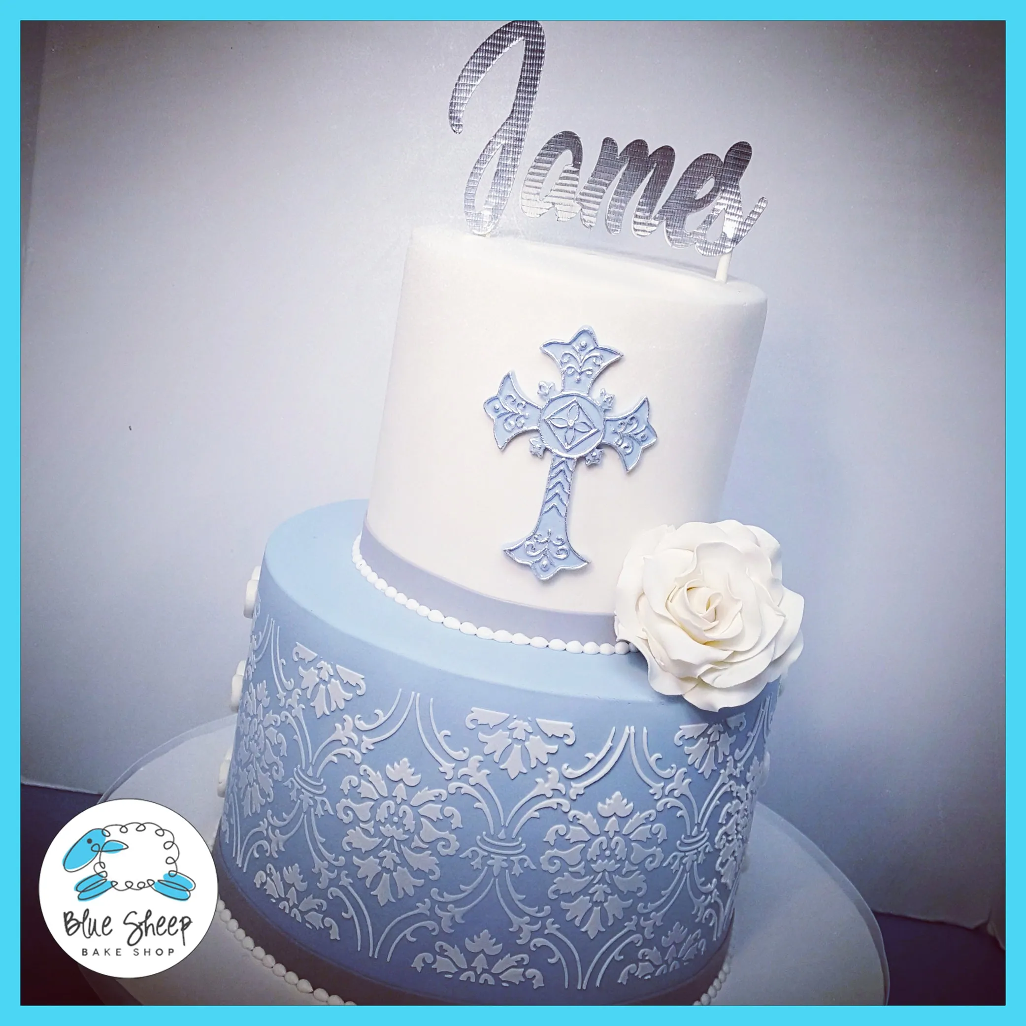 Blue and White Lace Christening Cake