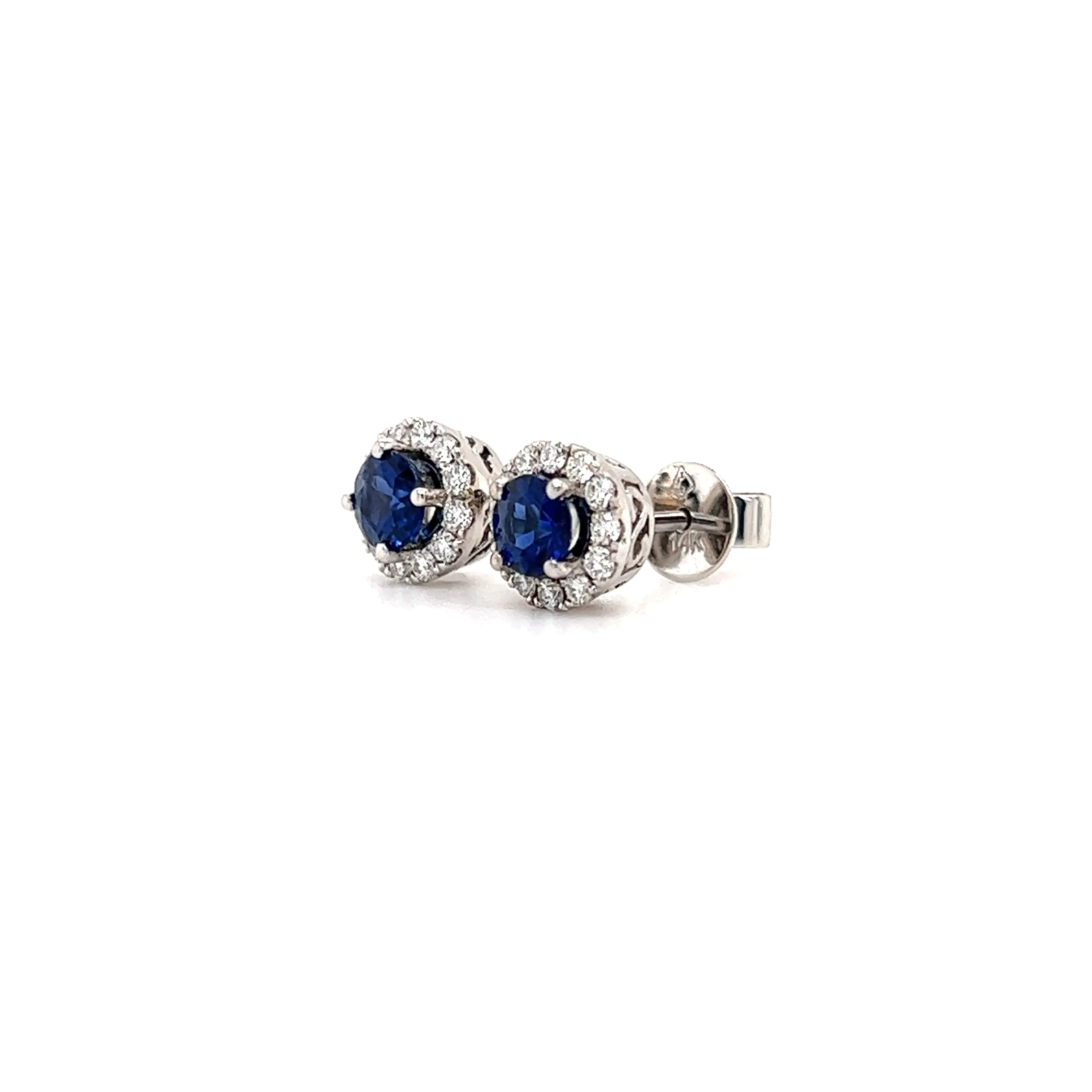 Blue Sapphire Stud Earrings with Diamond Halo in 14K White Gold