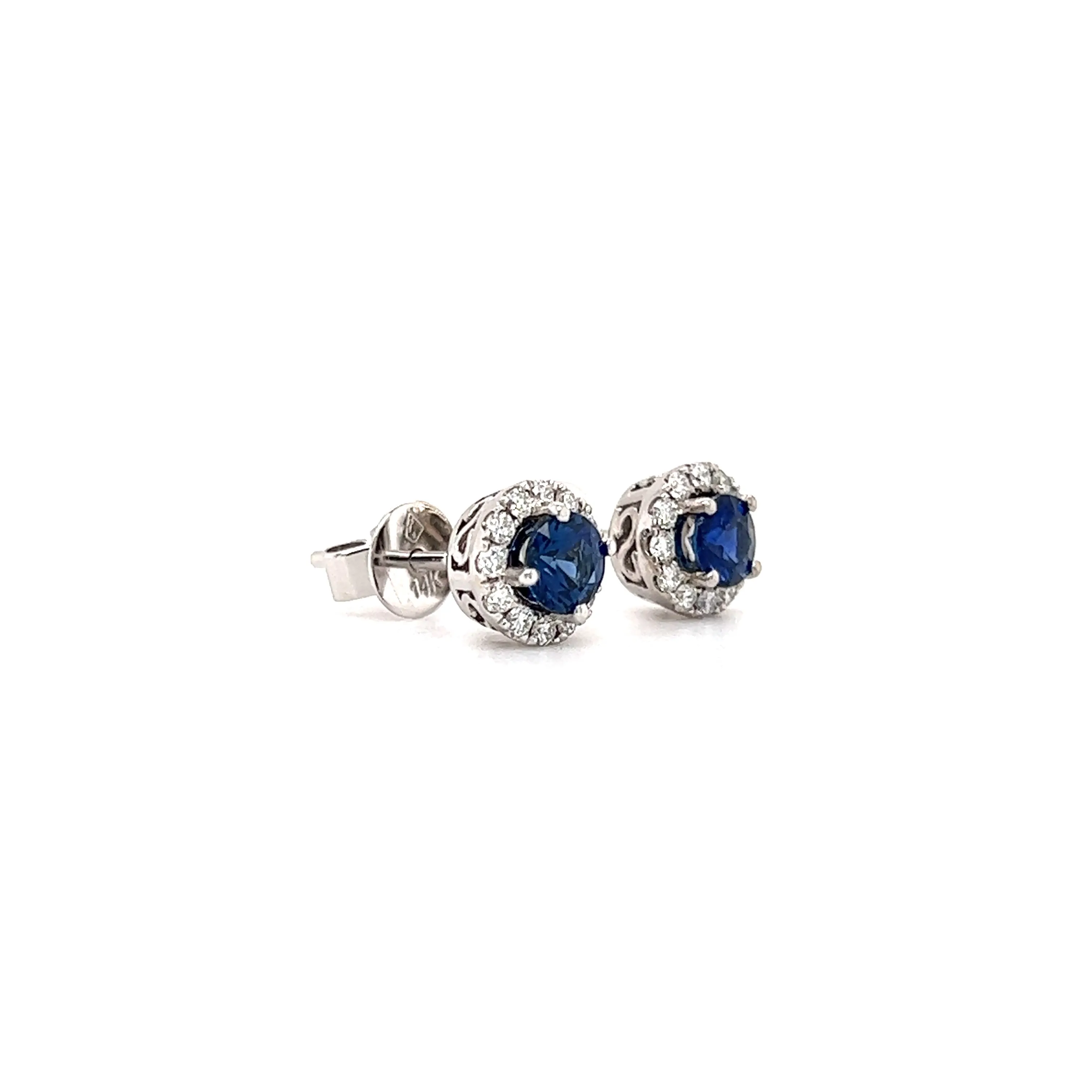 Blue Sapphire Stud Earrings with Diamond Halo in 14K White Gold