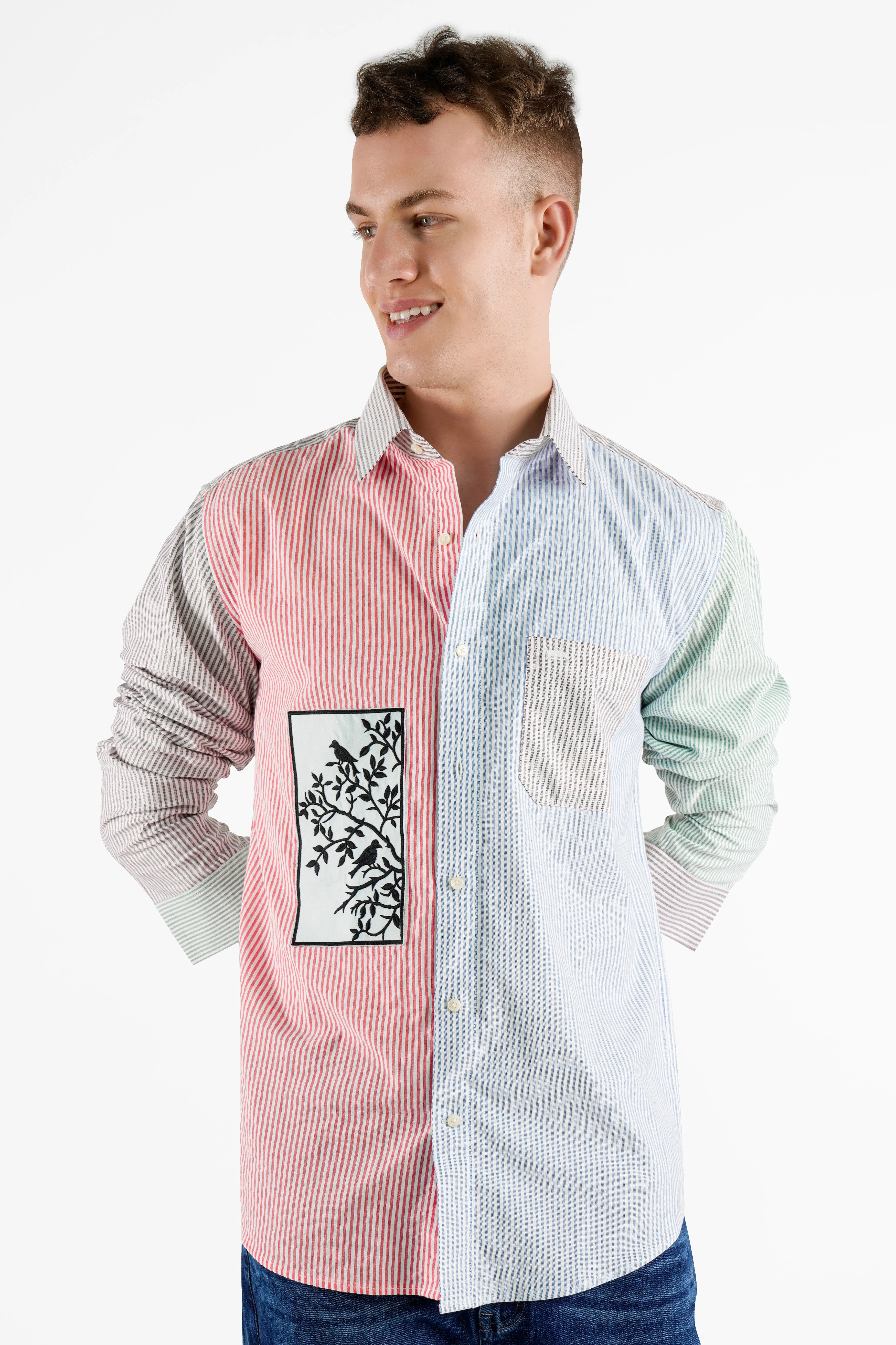 Blush Pink with Cerulean Blue Striped with Embroidered Patchwork Premium Cotton Designer Shirt