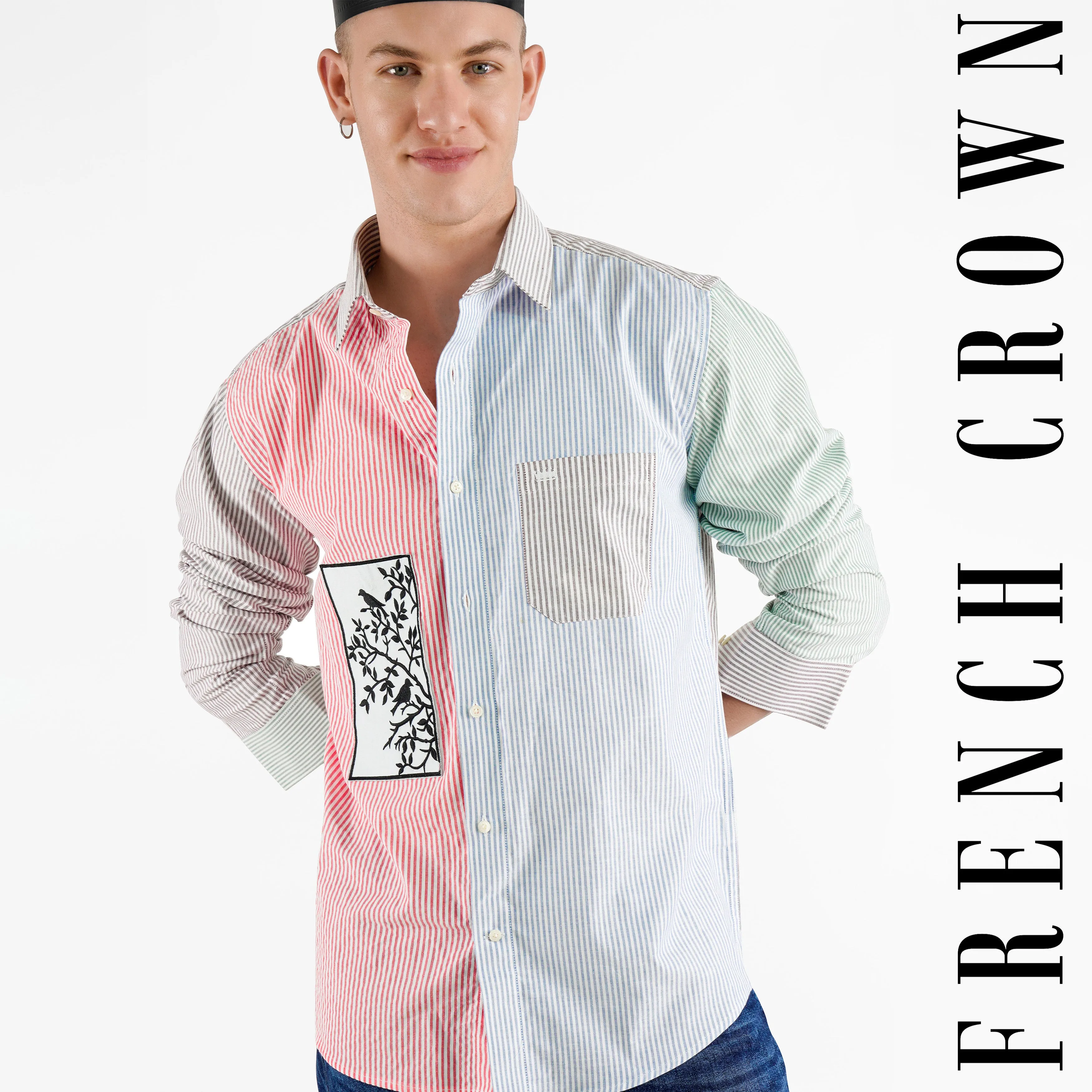 Blush Pink with Cerulean Blue Striped with Embroidered Patchwork Premium Cotton Designer Shirt