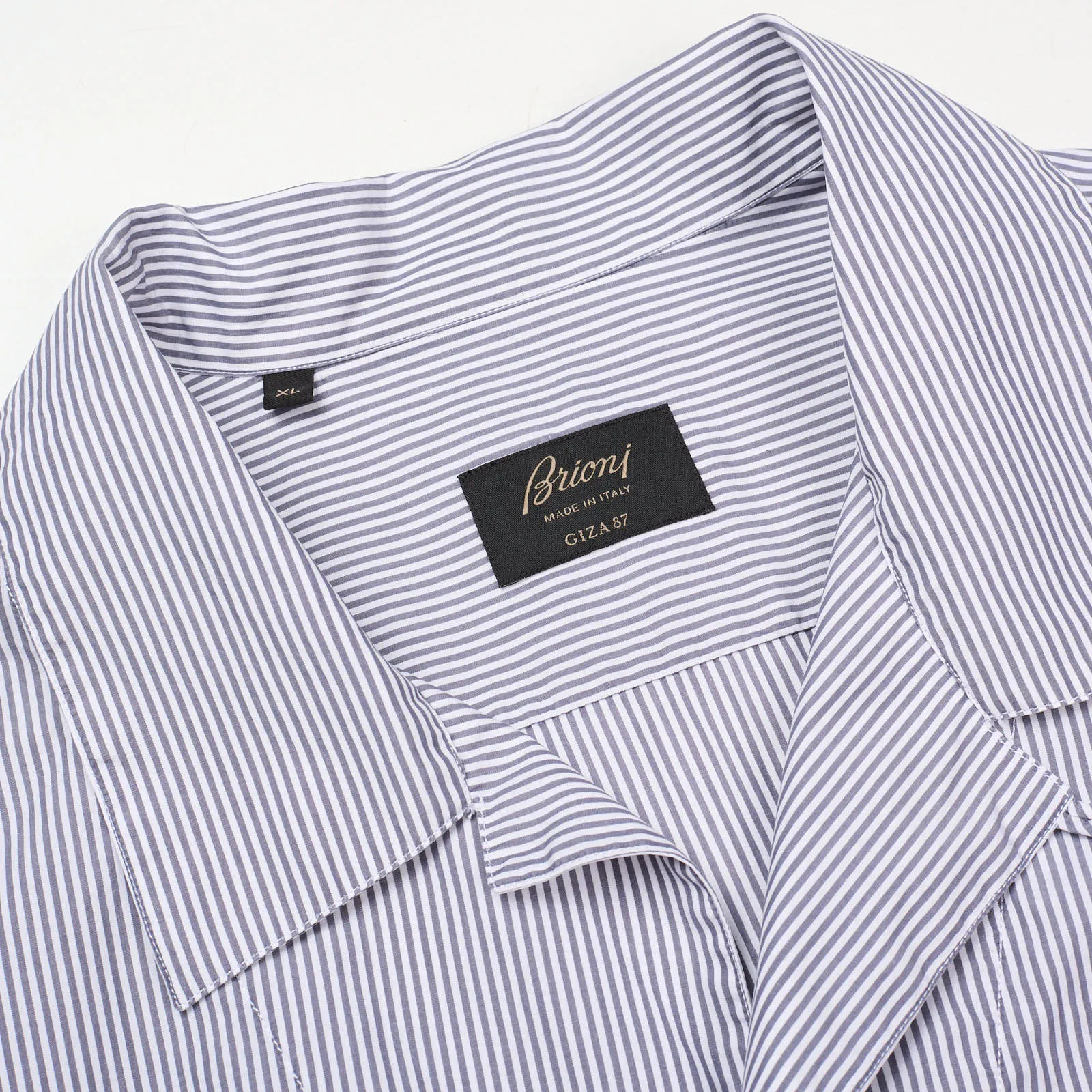BRIONI Handmade "Giza 87" Gray Striped Short Sleeve Shirt NEW XL
