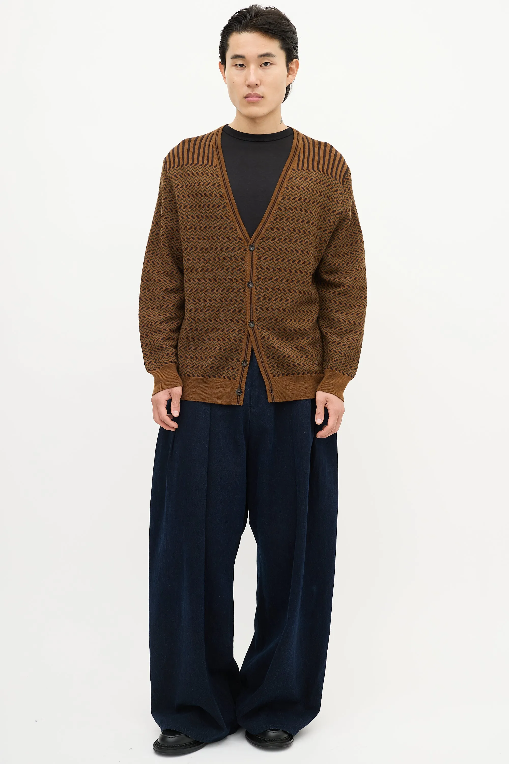 Brown & Green Wool Striped Chevron Cardigan