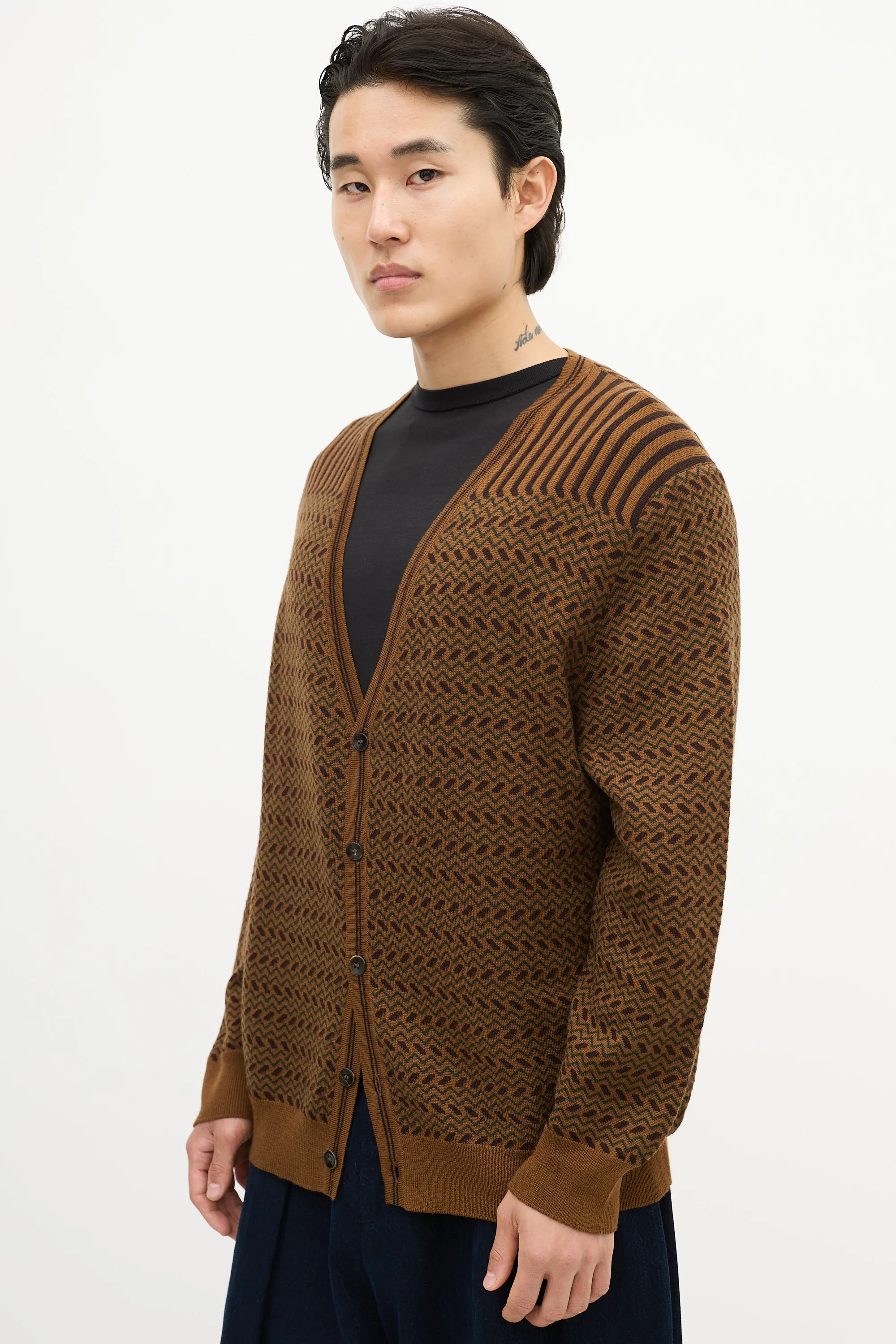Brown & Green Wool Striped Chevron Cardigan