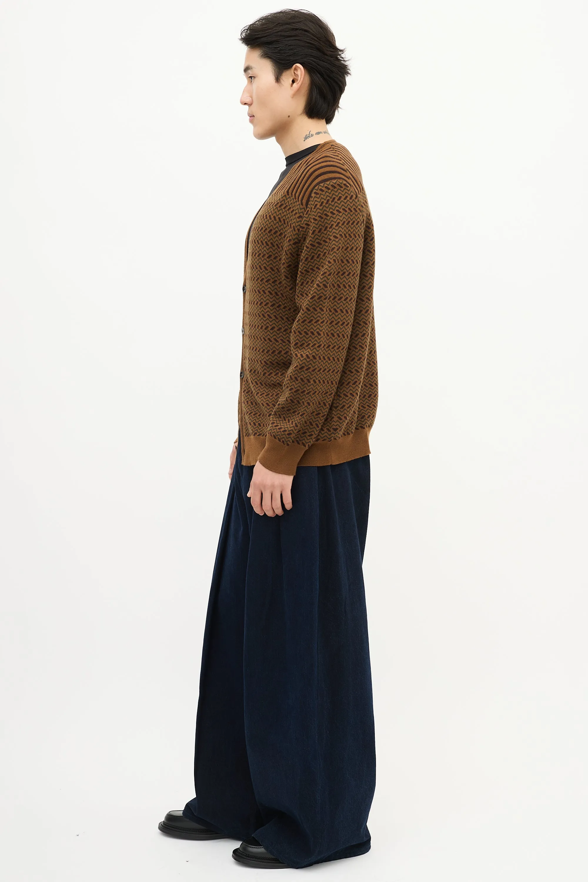 Brown & Green Wool Striped Chevron Cardigan