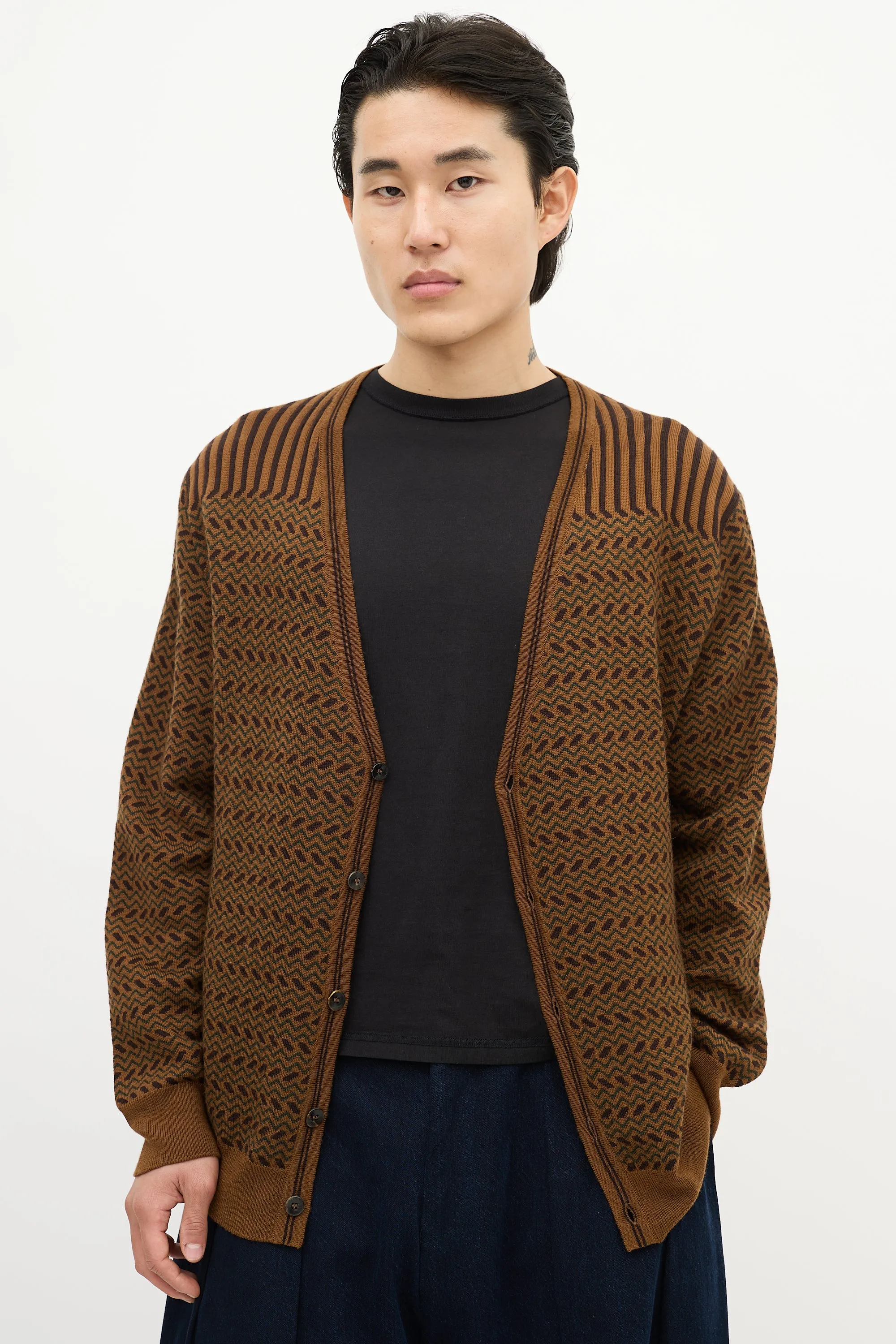 Brown & Green Wool Striped Chevron Cardigan