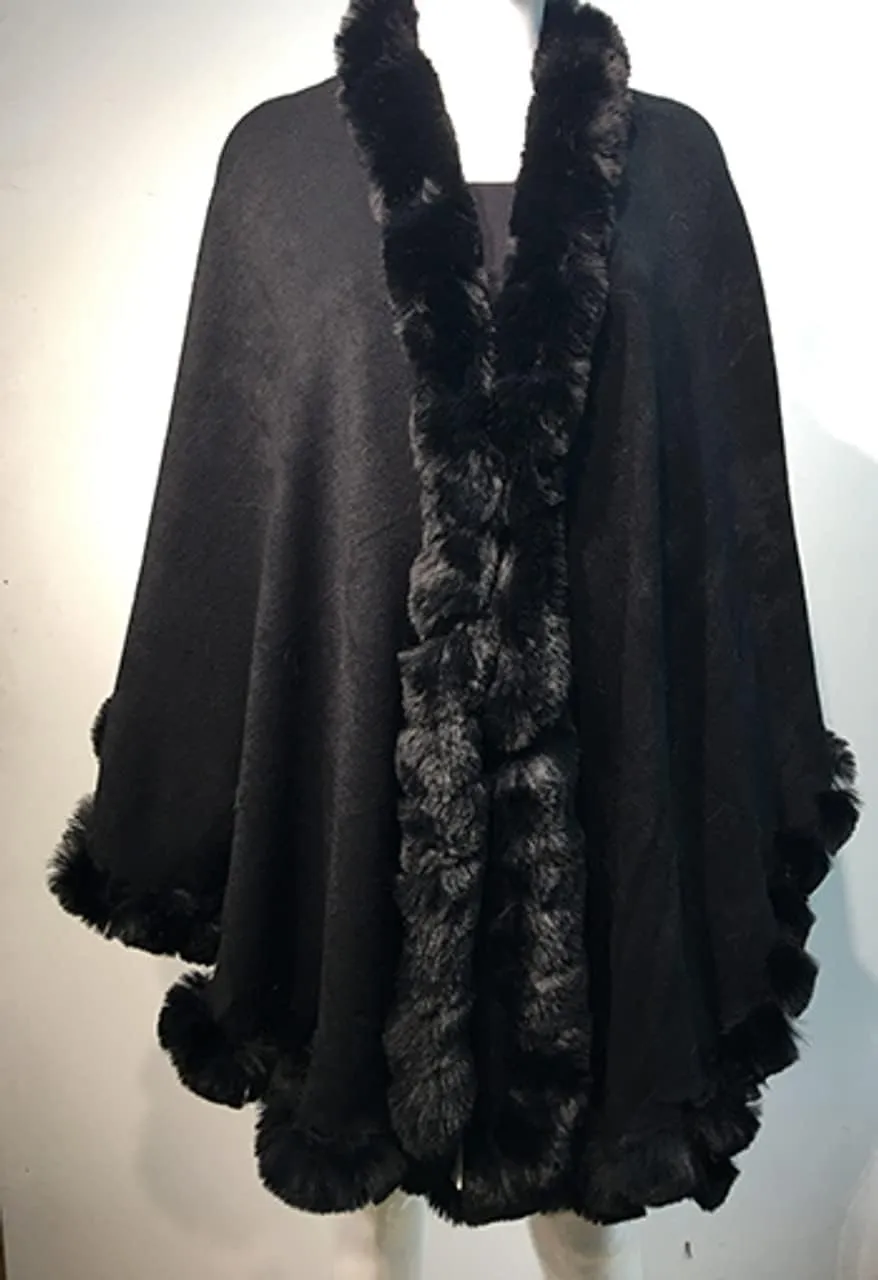 Cape-Faux Fur-Fur-Capes-ruana-coat-blanket-Caplet-Wrap-Shrug-Sweater-Poncho-dress shawl (Wool blend cape with faux fur trim - Ebony Black)